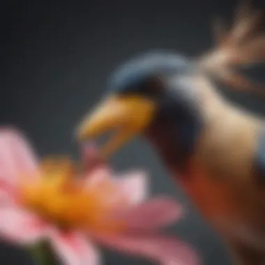 A close-up of a bird's beak interacting with a flower, showcasing pollination mechanics.