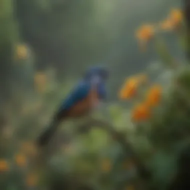 Ecosystem Harmony: The Role of Birds in Biodiversity A serene landscape depicting a rich ecosystem where birds and flowering plants coexist.