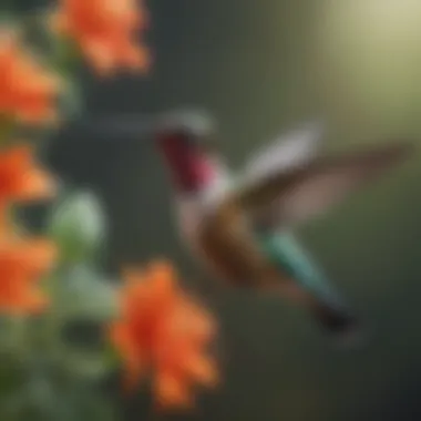 Hummingbird in Action: A Vital Pollinator A vibrant hummingbird hovering near a blooming flower, illustrating avian pollination.