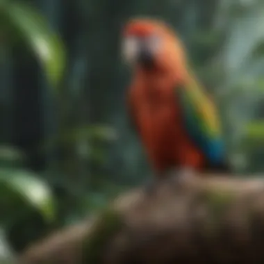 Various parrot species in a lush environment