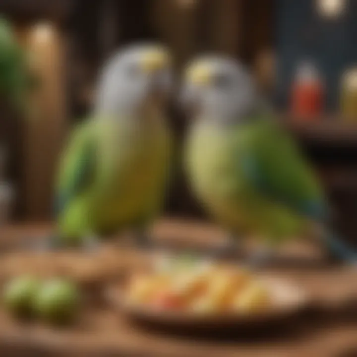 A variety of healthy foods suitable for Quaker parrots, emphasizing their dietary preferences and nutritional needs.