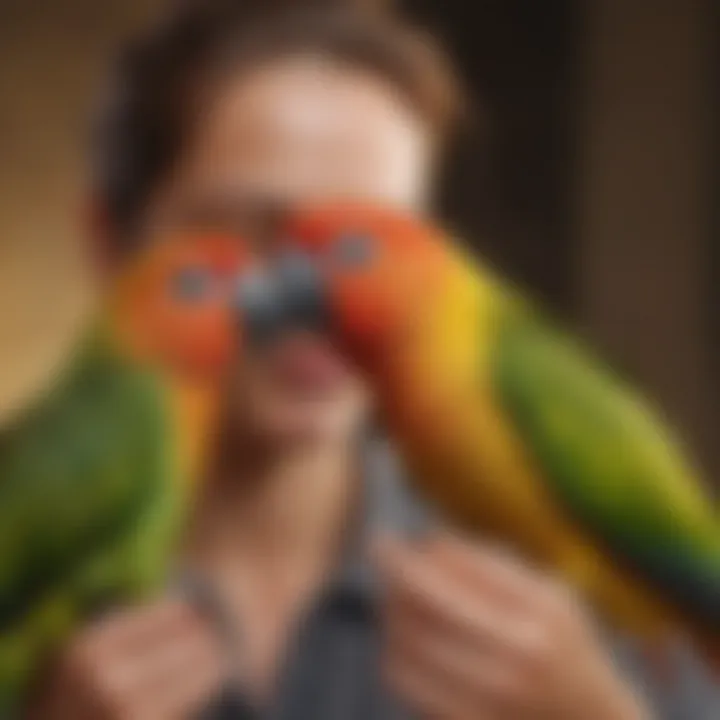 A conure interacting gently with its caregiver