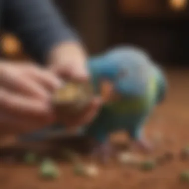 A hand feeding a small parakeet seeds