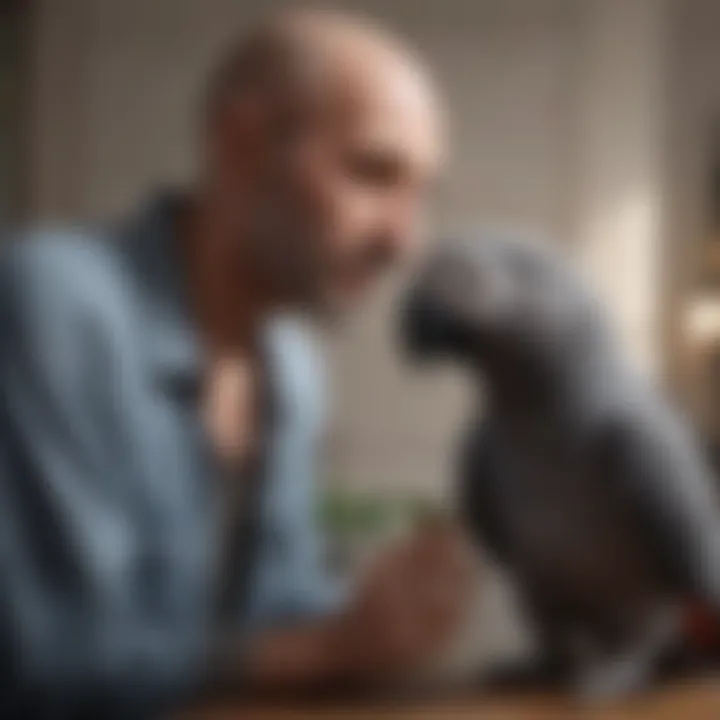 An elegant African grey parrot interacting with its owner.