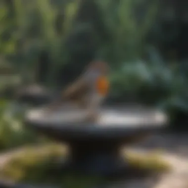 A heated bird bath with a bird perched on the edge