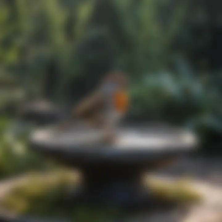 A heated bird bath with a bird perched on the edge