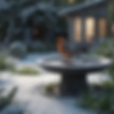 Durable Plastic Bird Bath in Winter A bird bath made from durable plastic in a snowy garden setting