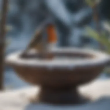 A bird bathing peacefully in a shallow bird bath surrounded by snow