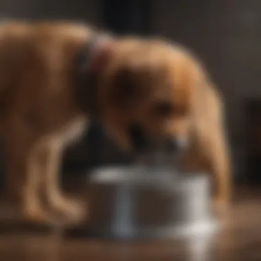 A dog with a beard drinking from an elevated water bowl