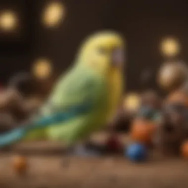 A playful budgerigar interacting with toys, emphasizing its engaging personality.