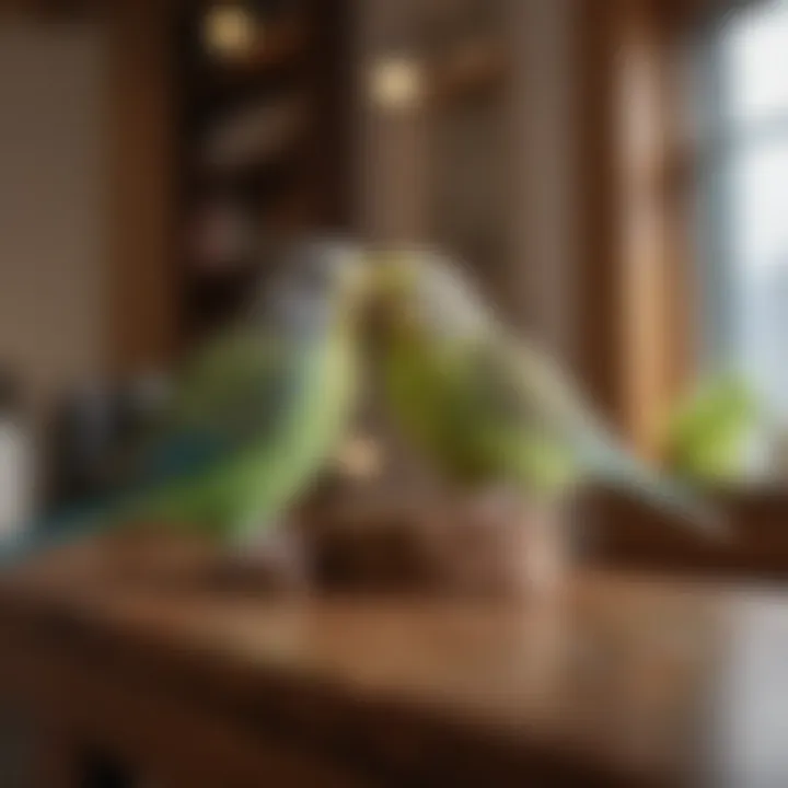 An owner interacting lovingly with a small budgerigar in a cozy home setting