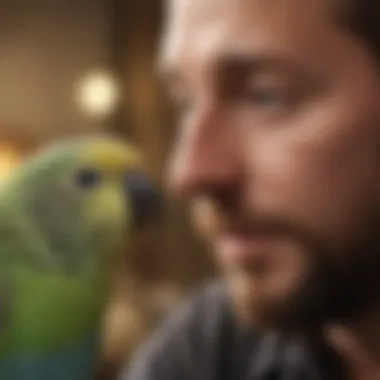 Budgerigar: The Charming Talker A close-up of a budgerigar interacting with its owner.