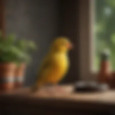 A serene setting with a canary singing in a cozy home environment.