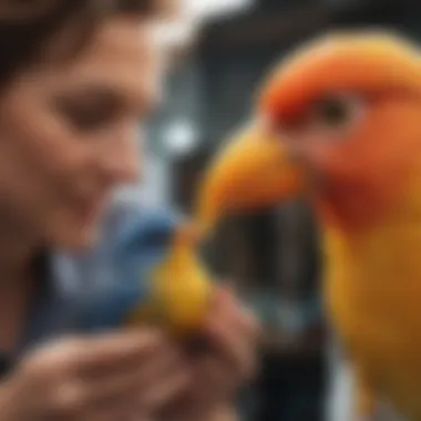 An expert interacting with a pet bird, providing care tips