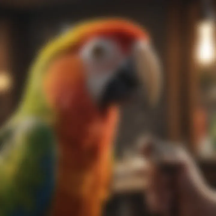 A parrot engaging with its owner in a playful setting.