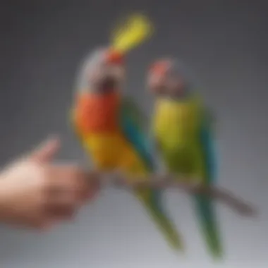 A vibrant parakeet perched on a finger, showcasing its colorful feathers and engaging demeanor.