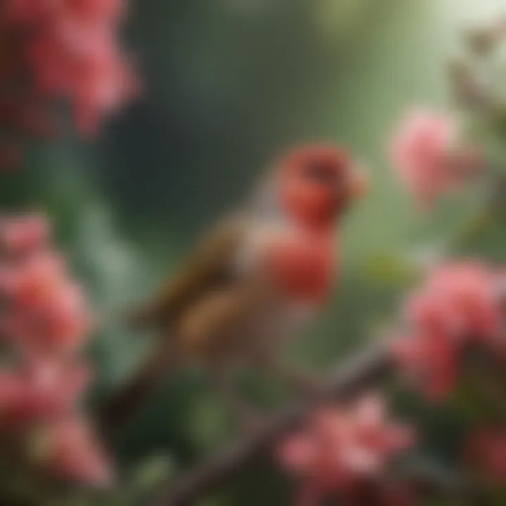 An exotic finch flitting gracefully among vibrant blossoms, highlighting its lively spirit.