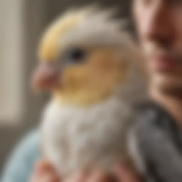 A serene cockatiel nestled comfortably on its owner's shoulder, embodying affection and loyalty.