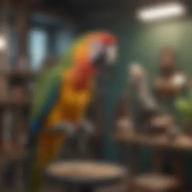 A vibrant parrot perched on a training stand, demonstrating a successful communication session.