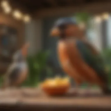 A serene setting where a bird owner uses positive reinforcement techniques with a small bird.