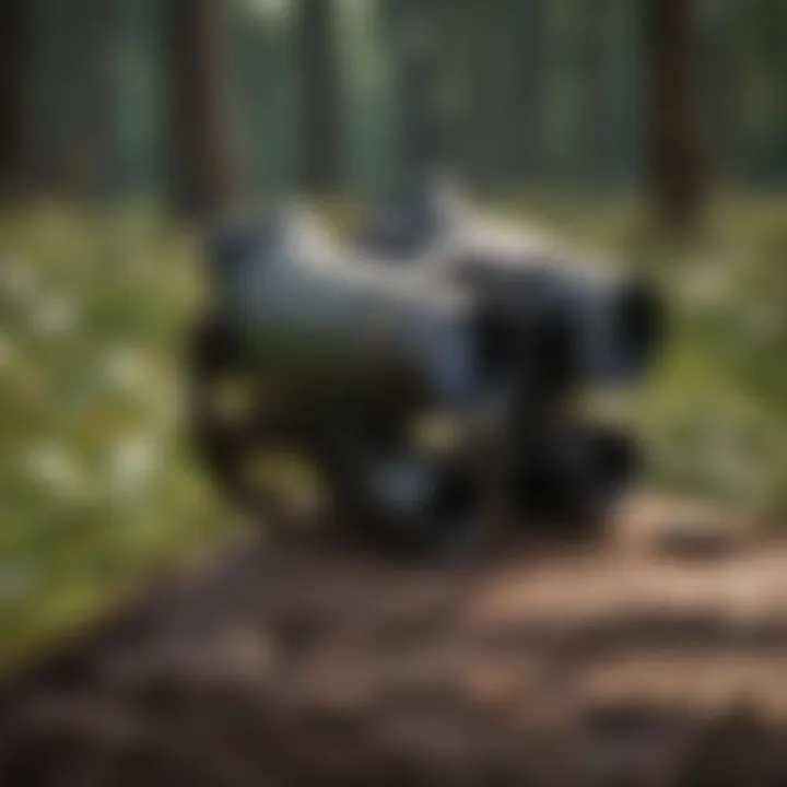 A close-up of binoculars focused on a distant bird.