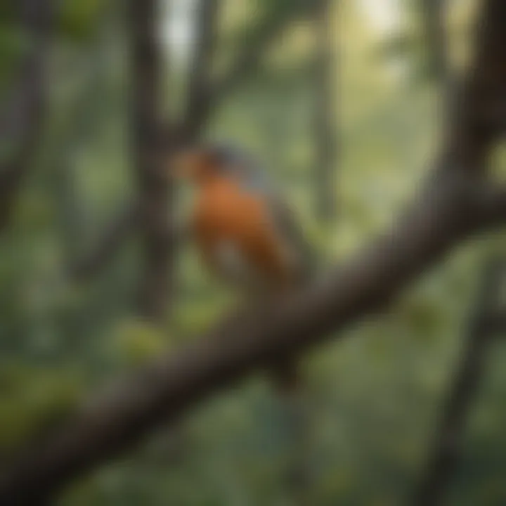 A serene forest setting with various birds perched on branches.