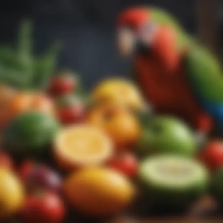 A selection of fresh fruits and vegetables prepared as a parrot diet.