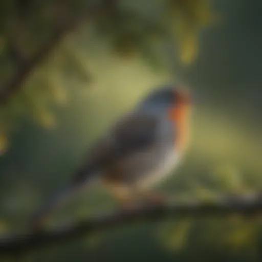 A vibrant songbird bobbing in a tree branch