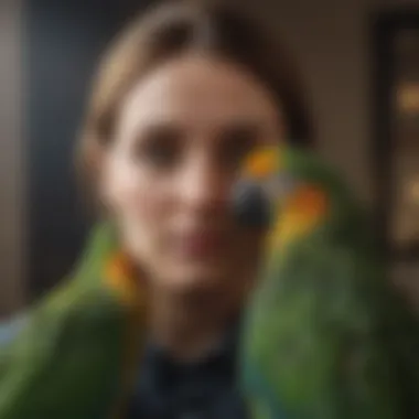 A serene moment of a parrot cuddling with its owner, symbolizing emotional connection