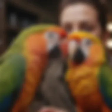 A parrot engaging in playful interaction with its owner