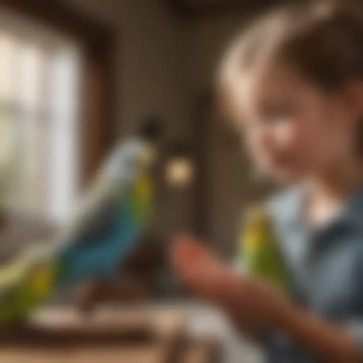 A child interacting joyfully with a small budgerigar in a cozy home environment.