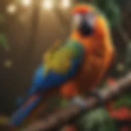 A vibrant parrot perched on a branch, showcasing its colorful feathers.