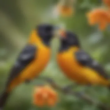 Close-up view of an oriole feeding on nectar from a feeder, showcasing its bright plumage