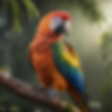 A vibrant parrot perched elegantly on a branch, showcasing its colorful feathers.