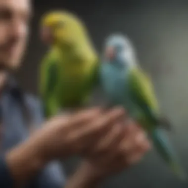 A vibrant parakeet perched on a hand, symbolizing companionship