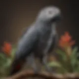 A vibrant African Grey parrot perched elegantly on a branch, showcasing its striking plumage.