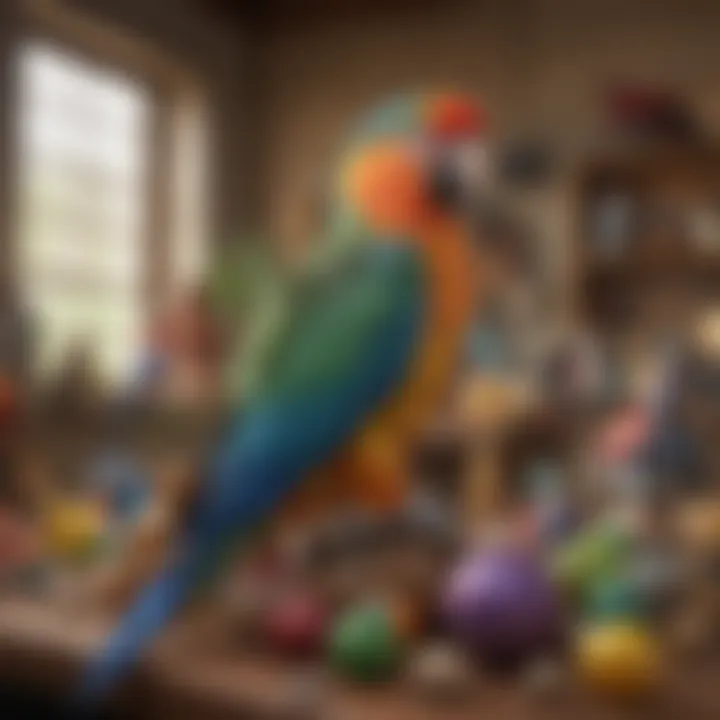 A close-up of a parrot perched on a hand with an assortment of toys in the background