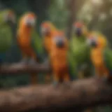 An array of vibrant parrot species in a natural setting