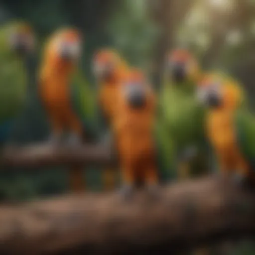 An array of vibrant parrot species in a natural setting