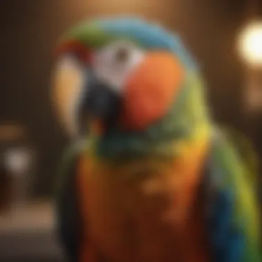 A close-up of a parrot preening its feathers after a bath.