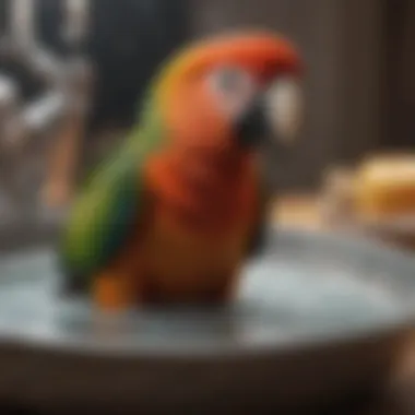 Vibrant Parrot in Bath A vibrant parrot enjoying a gentle bath in a shallow dish.