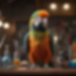 A vibrant parrot perched on a grooming table surrounded by various grooming tools.