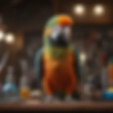 A vibrant parrot perched on a grooming table surrounded by various grooming tools.