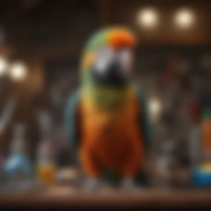 A vibrant parrot perched on a grooming table surrounded by various grooming tools.