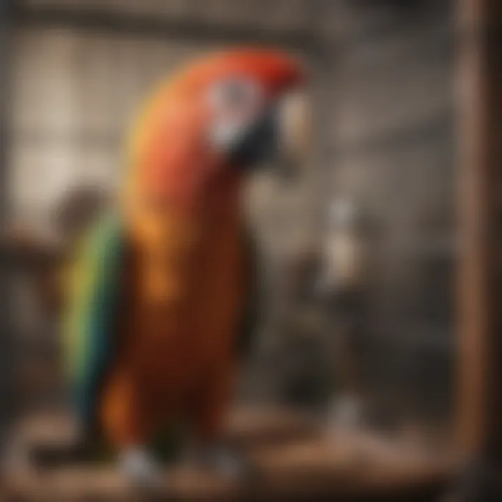 A vibrant parrot in a spacious, well-decorated cage reflecting a nurturing environment.