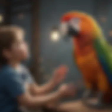 A large parrot interacting with a child