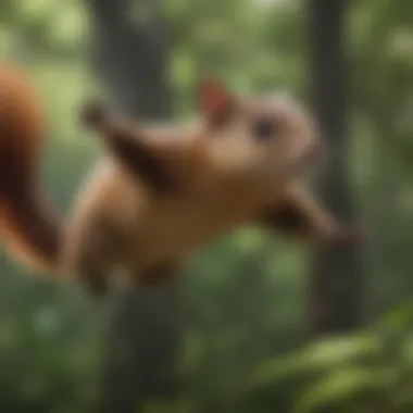 A colorful flying squirrel gliding through a lush forest canopy