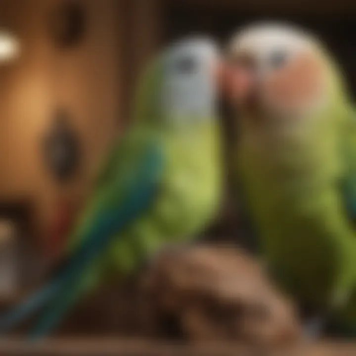 A parakeet interacting with its owner in a cozy setting