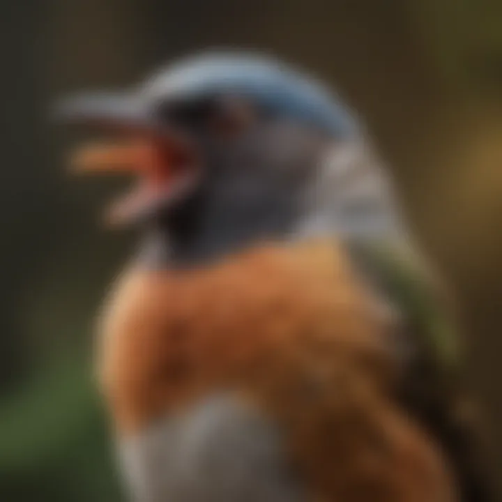 A close-up of a songbird singing with vibrant feathers