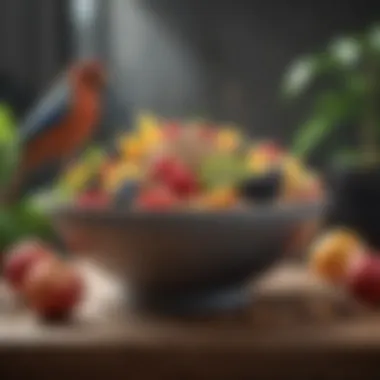 A bowl filled with fresh fruits and seeds for birds